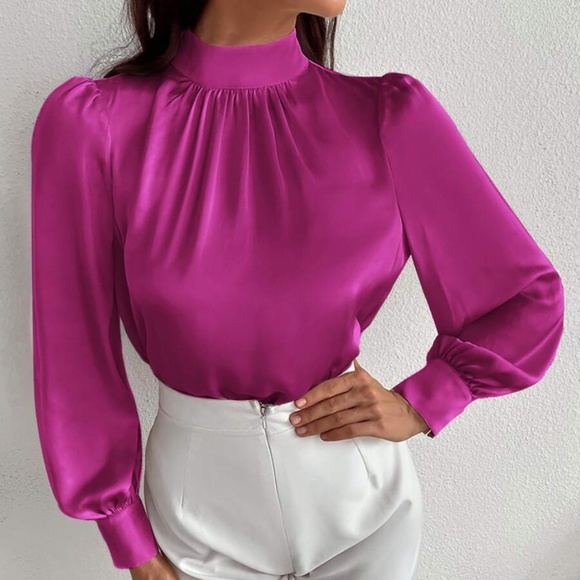Classic High Neck pleated Satin long sleeve Top - Picture 2 of 11